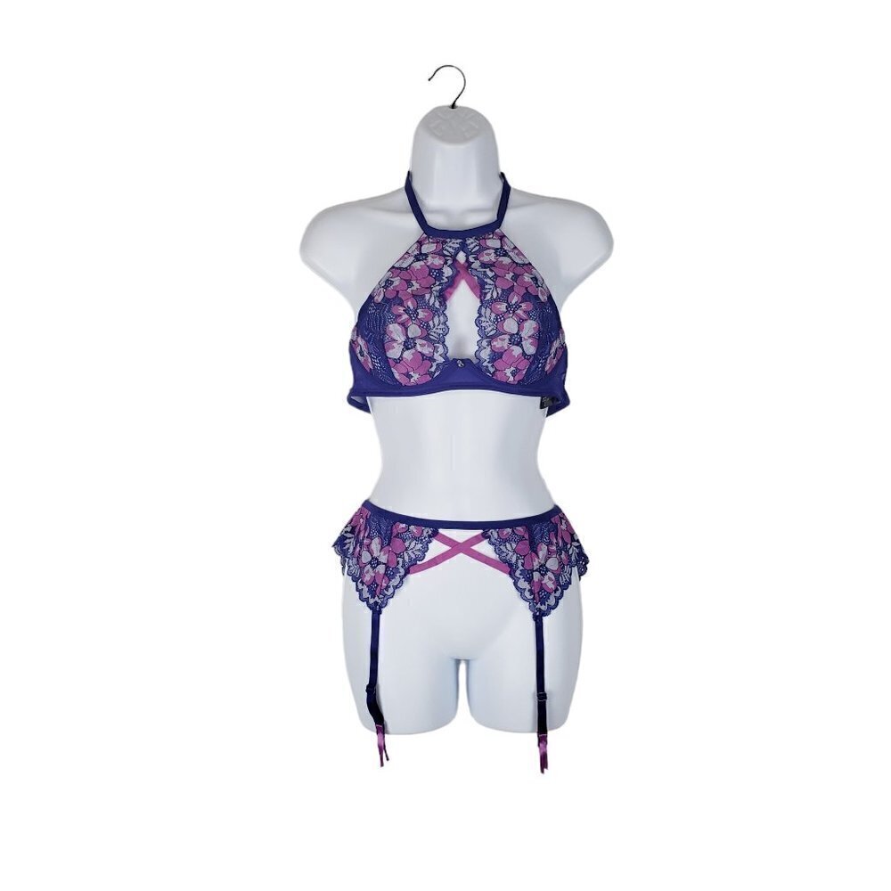 LoveHoney Set Halter Underwire Bra & Garter Purple Pink Floral OS One Size